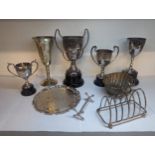 Mixed silver plate and metalware to include a toast rack, trophies and other items