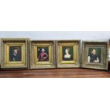 Four reproduction portraits each of a gentleman, acrylic in gilt frames, landscape and a print