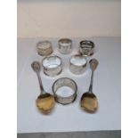 Silver to include four napkin rings and two commemorative spoons, 188.3g, and two silver plated