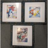 Michel Boulet - Three small signed prints in blue bamboo effect frames Location: