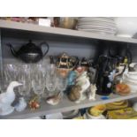 A mixed lot of glass and ceramics to include Lladro geese and dog models, Royal Albert part