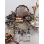 Mixed silver and silver plate to include a teaset and napkin rings and apostle spoons, together with