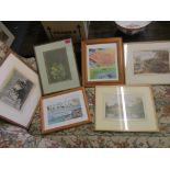 A group of framed and glazed prints, and a watercolour to include a German coloured engraving of