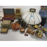 A mixed lot of wooden items to include an Indian carved wooden jewellery box, Middle Eastern