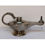 An early 20th century silver novelty Aladin oil table lamp cigar lighter, hallmarked Birmingham