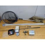 A Drennan stick float fishing rod, reel and accessories.