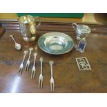 Silverware to include a silver Armada style pin dish engraved 1890 Rothman's 1999, marks for