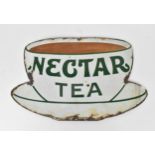 A vintage 'NECTAR TEA' advertising enamel sign with green lettering on a white teacup shaped ground,