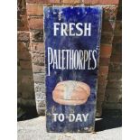 A vintage 'FRESH PALETHORPES TODAY' advertising enamel sign with white lettering on a blue ground,