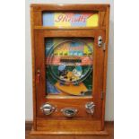 A mid century Oliver Whales Allwin '9 results' arcade/amusement machine, the penny slot with