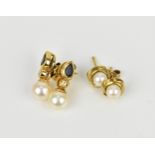 A pair of 18ct yellow gold, pearl, diamond and blue sapphire earrings, with teardrop sapphire