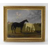 A 19th Century German equestrian painting, depicting two horses and a dog in a field, oil on canvas,