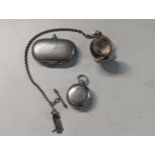 A silver Sovereign case, hallmarked Birmingham 1937, on a white metal chain, along with a silver