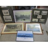 A group of paintings and prints to include an Asian watercolour of boats on a river, signed with red