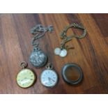 A Continental silver cased pocket watch, a gold plated pocket watch, a silver plated watch chain and