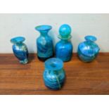 Mdina blue/white glass comprising four vases and a flask, largest 19cm high Location: