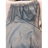 A pair of pale blue lined curtains with gathered heading and fringed edge, up to 46" w (each