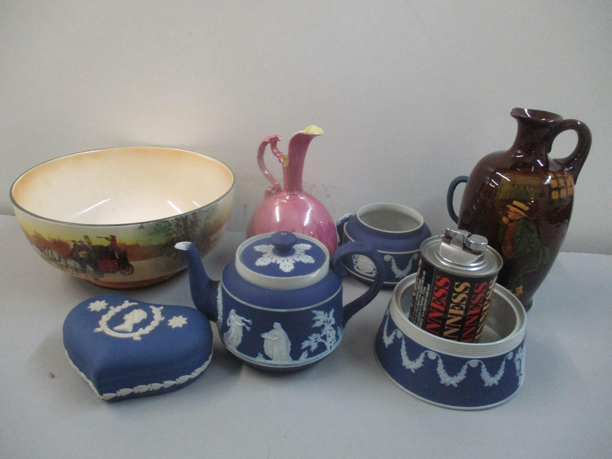 A mixed lot to include Doulton Kingsware jug, Wedgwood Jasperware, Guinness table lighter and