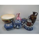 A mixed lot to include Doulton Kingsware jug, Wedgwood Jasperware, Guinness table lighter and