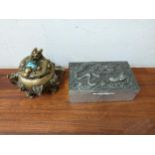 An early 20th century Chinese metal cigar box and a cast bronze incense burner Location: