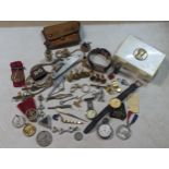 A mixed lot to include a RAF Sweetheart brooch, silver cased fob watch, Scout related items, cuff