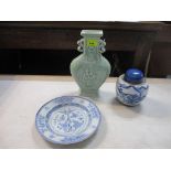 Chinese ceramics to include a late 18th century plate, a 19th century ginger jar and a Celadon vase,