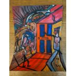 Robert Hanworth - modernist painting of figures and a house, acrylic on paper, signed, 40cm x 30cm