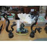 A Wedgewood Majolica centre piece A/F and a pair of metal dragon candlesticks Location: