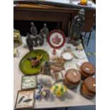 A mixed lot to include a fireside set, Hornsea pots, carved pipe, Delft tiles, Chinese Terracotta