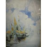 SH or HS - fl 19th/early 20th century - cluster of sailboats off a city harbour, watercolour,