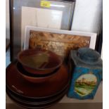 A vintage parquetry picture, studio pottery bowls and dishes, a vintage tea tin and an engraving