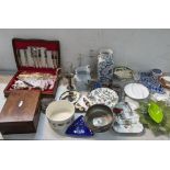 A mixed lot to include a canteen of cutlery rosewood box, decanters, silver vase and other items