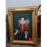 A large reproduction portrait of a woman, acrylic on canvas, 92cm x 60cm, in a gilt frame
