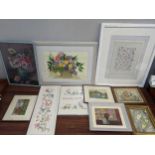 Tapestry and embroidered pictures to include garden scenes flowers, and others Location: