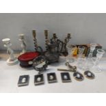 A mixed lot to include brass candlesticks, cherub examples and others, mixed glassware, opera