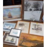 Mixed pictures to include two artists proofs by Kathleen Caddick and two sea scape watercolours with
