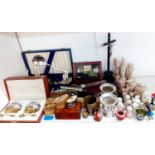 A cased pair of white metal cruets with spoons, together with decorative boxes, collectables and
