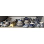 Kitchenware to include blue and white Willow pattern plates, bowls, jugs and similar ware, scales