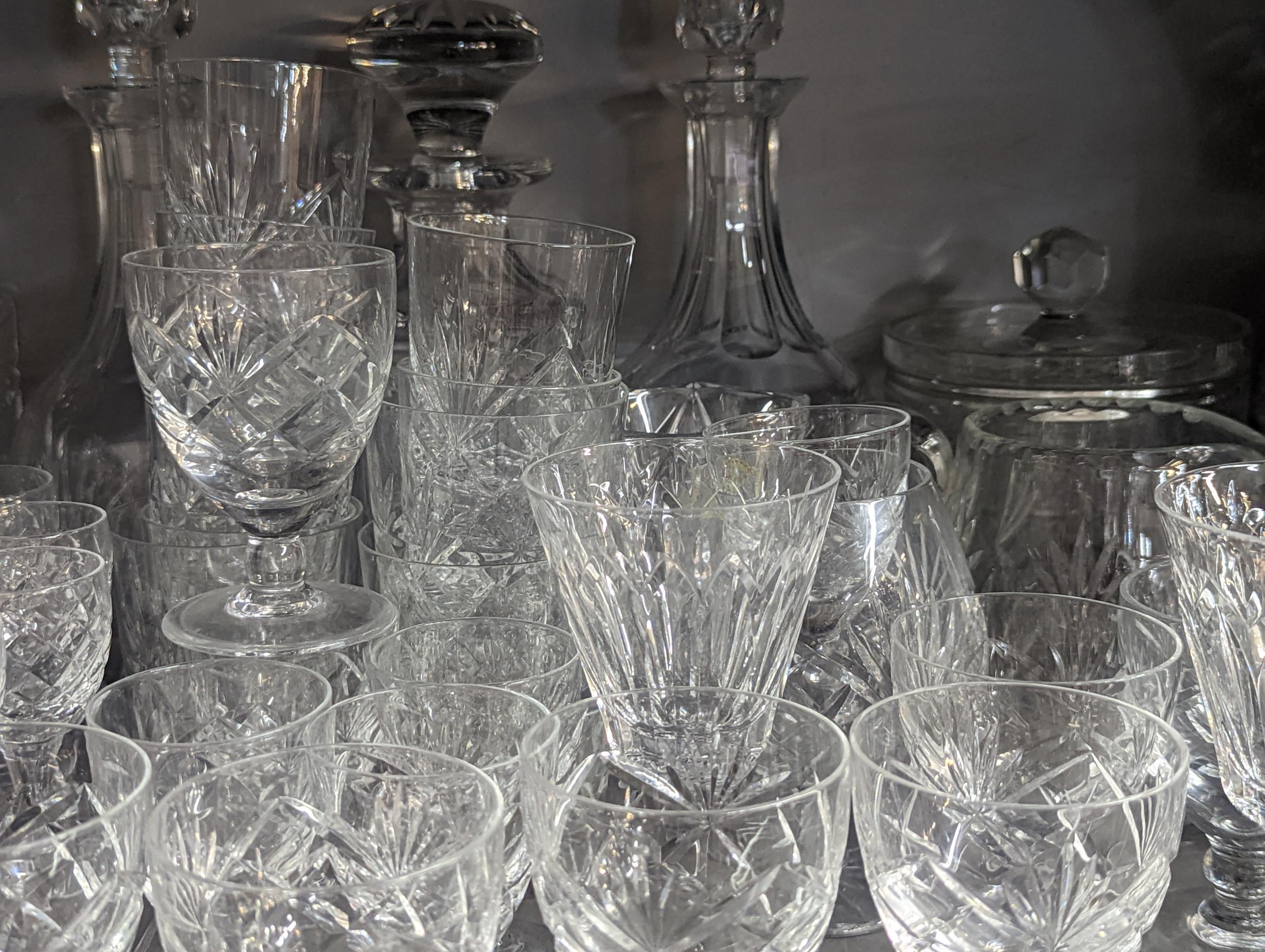 A group of domestic glassware to include cut glass decanters, cups, dishes, bowls and others - Image 3 of 5
