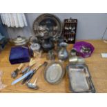 Silver plate, pewter and metalware to include teapot, tankards, collectors spoons, flatware and
