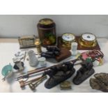 A mixed lot to include a silver plate desk calendar, binoculars, gavels, resin figure groups of