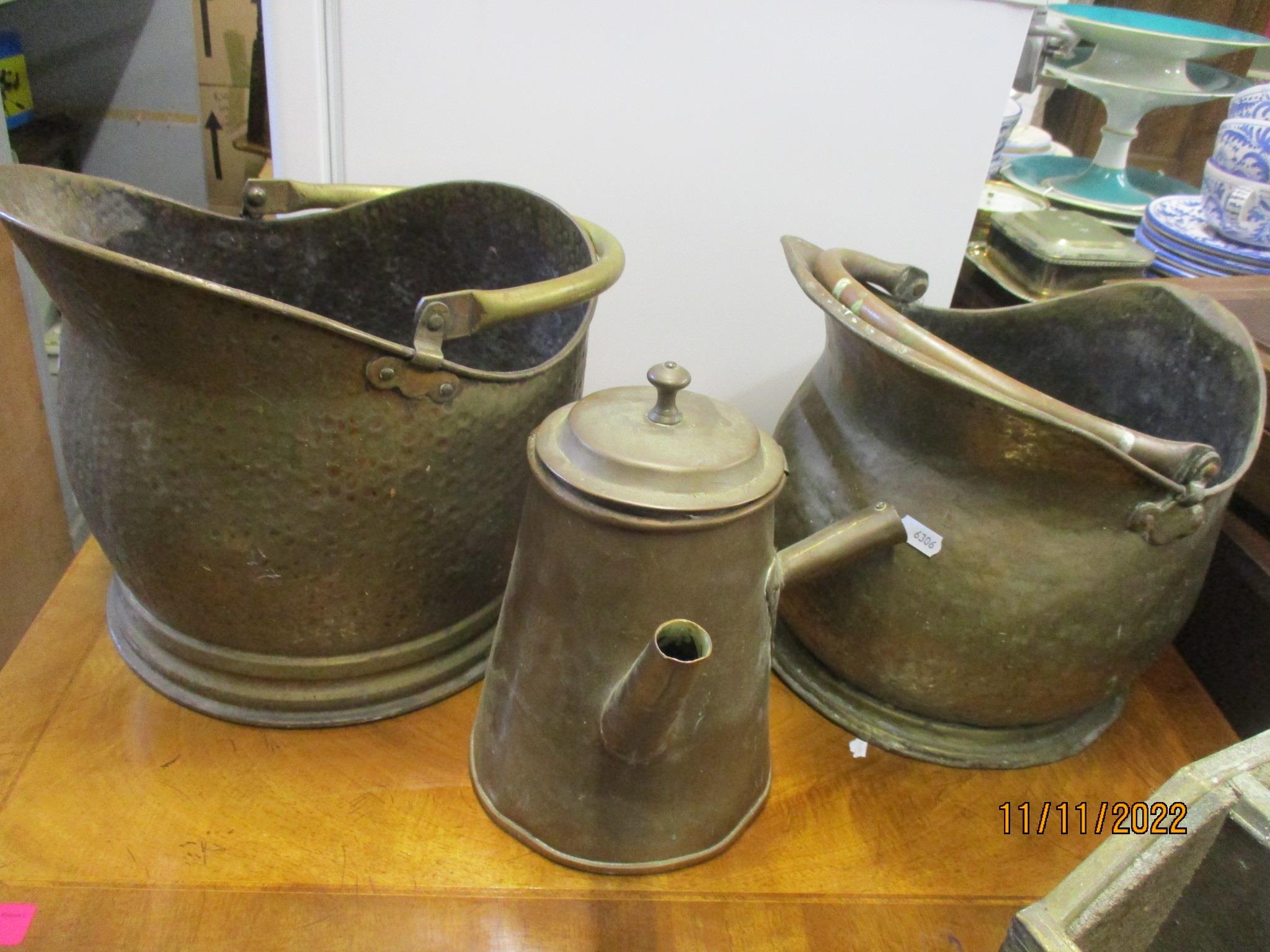 Metalware to include two coal scuttles, a slipper box, a magazine rack, candlesticks, teapot and - Image 2 of 4