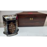 A William IV rosewood sarcophagus tea caddy A/F together with a mother of pearl and black papermache