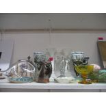 A small mixed lot of ornaments to include painted pottery owls, a glass lustre A/F and a pair of