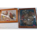 A framed cross stitch still life, a feather and straw picture of two chickens, an early 20th Century