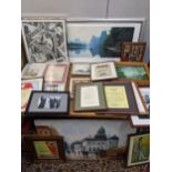 Pictures to include Burnett - a Parisian street scene, Russian prints, embroidery and other items