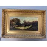A Victorian oil on canvas depicting a country landscape with sheep, figure and a dog, 39.5cm x 19cm,