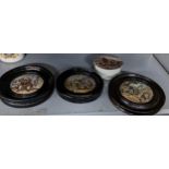 Four Prattware pot lids to include the Village Wedding, three framed, one on a pot Location: 9.3