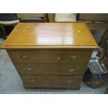 A Victorian pine chest of three drawers with brass handles on bracket feet, 79cm x 81cm x 46cm