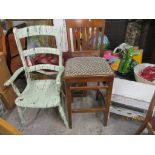 Mixed furniture to include a scumballed painted country chair, a wooden bar stool with upholstered